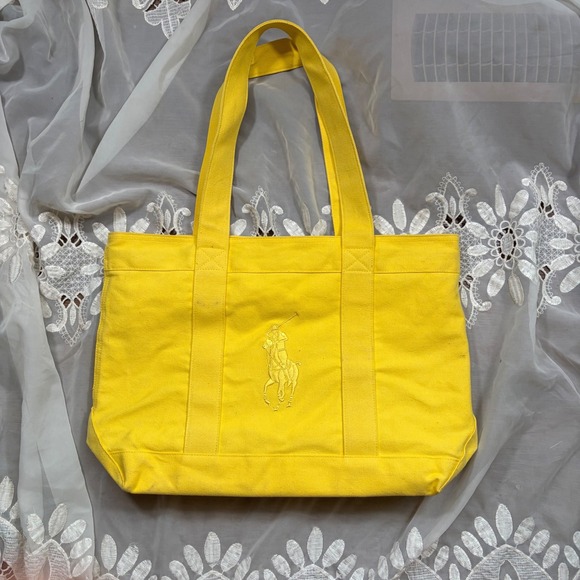 Polo Ralph Lauren Handbags - Polo Ralph Lauren Yellow Canvas Big Pony Tote Bag Blue Striped Lining Large